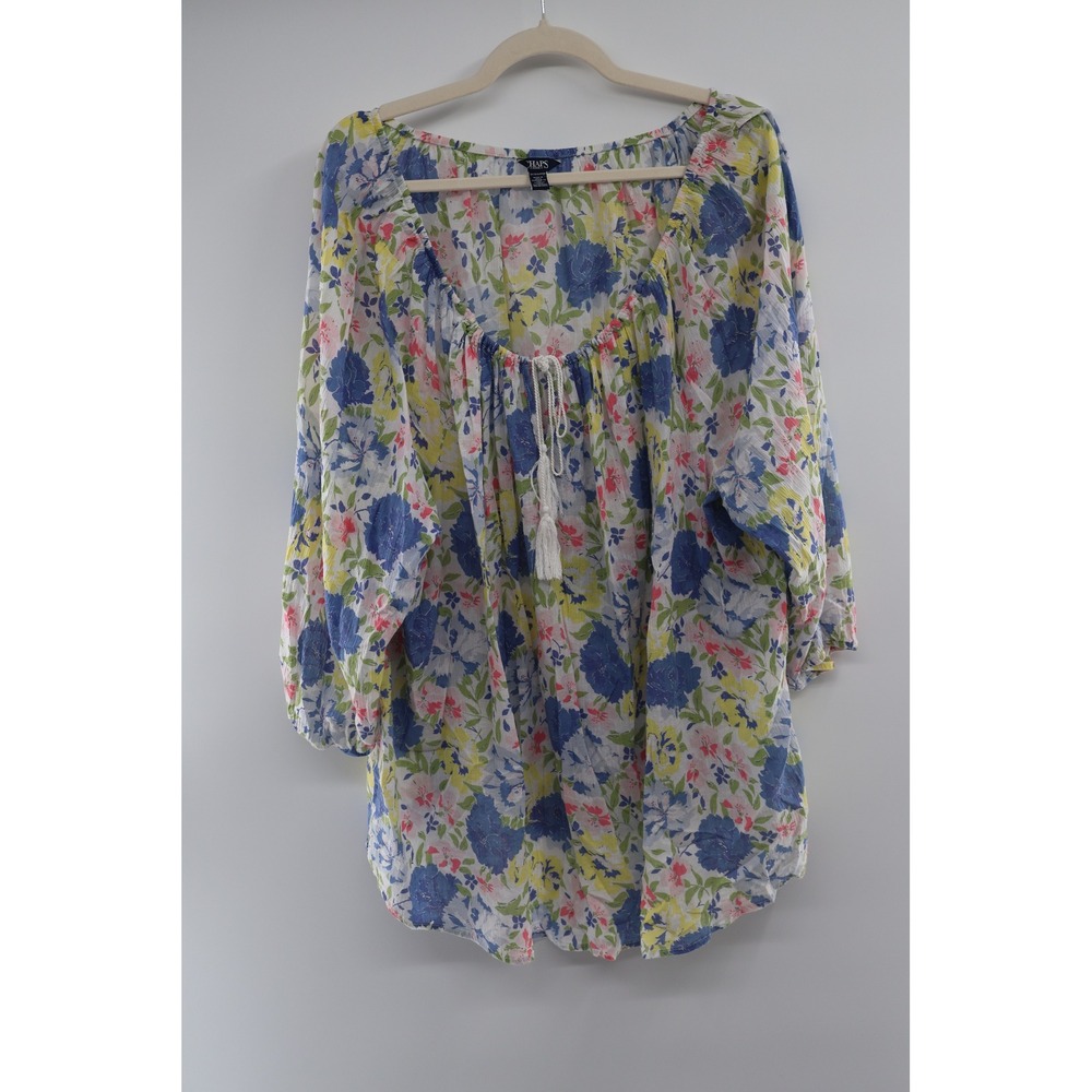 Chaps‎ Plus 3X Blue Floral Gauze Peasant Blouse Tassel Tie Top